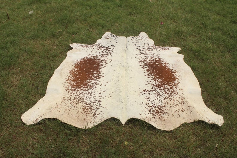 May include: A white cowhide rug with brown spots. The rug is laid out on a green grassy surface.