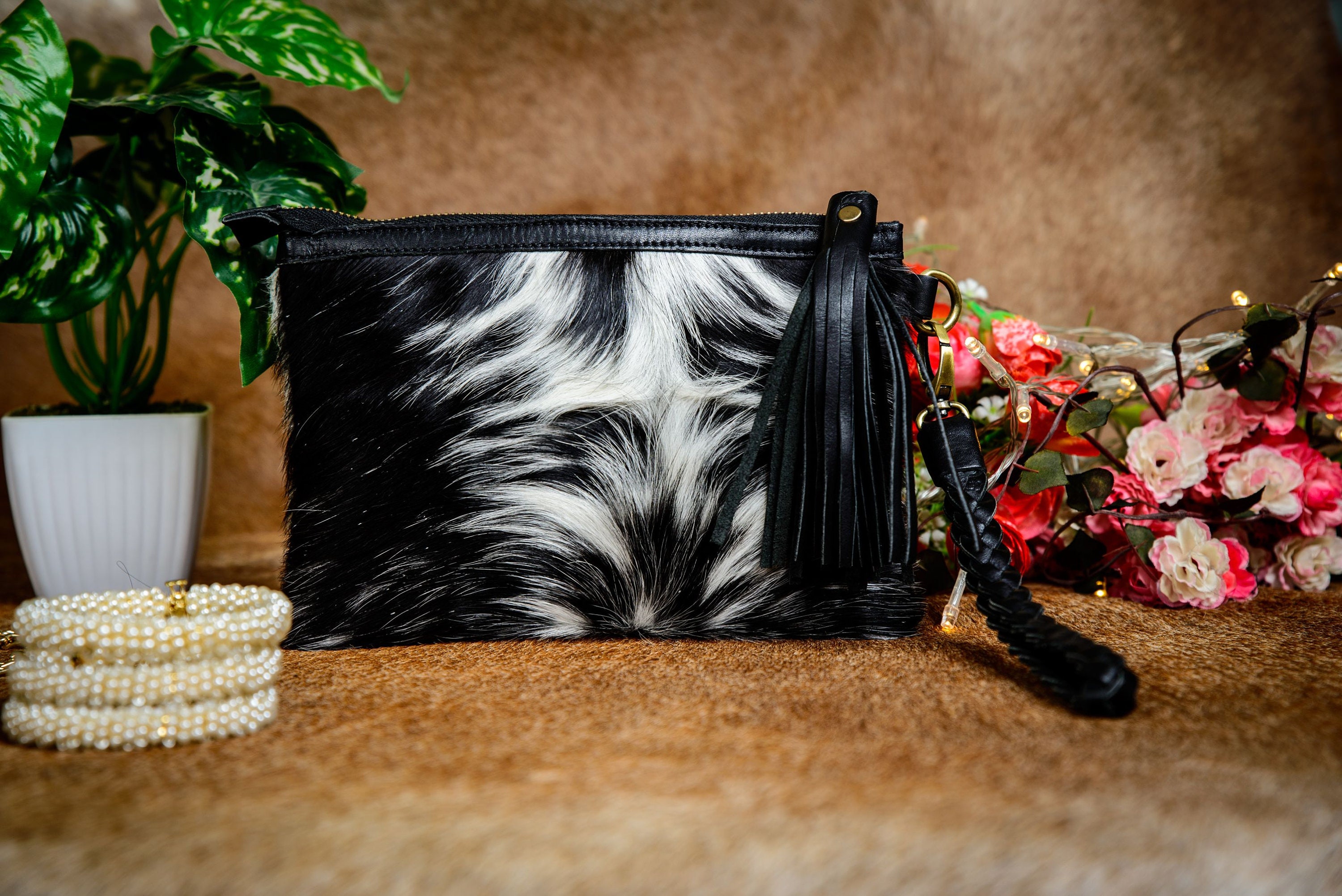 Real Cowhide Wristlet Cowhide Leather Wristlet Black and White Cowhide Clutch Shiney Rugs