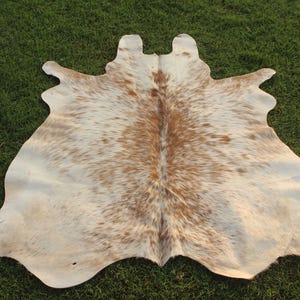 May include: A white cowhide rug with brown spots. The rug is laid out on a green grassy surface.