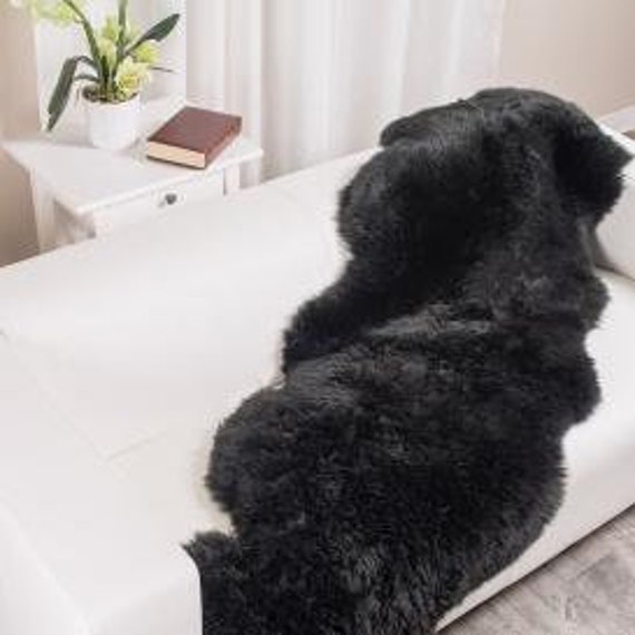 Genuine Australian Sheepskin Rug Double Pelt Black Fur, Approx. 2ft x 6ft Floor Rug Wool Chair