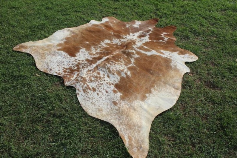 May include: A brown and white cowhide rug with a natural, spotted pattern. The rug is laid out on a green grassy surface.