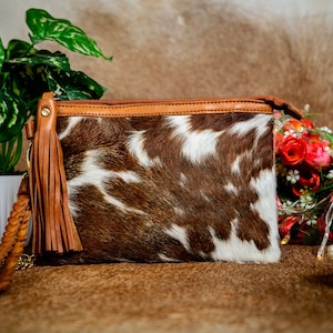 Real Cowhide Wristlet Cowhide Leather Wristlet Brown and White Cowhide Clutch Premium Quality Wristlet
