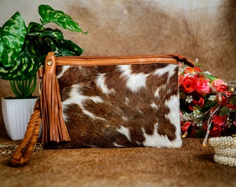 Cartera de mano de piel de vacuno auténtica, cartera de mano de piel de vacuno marrón y blanca, cartera de mano de piel de vacuno de primera calidad