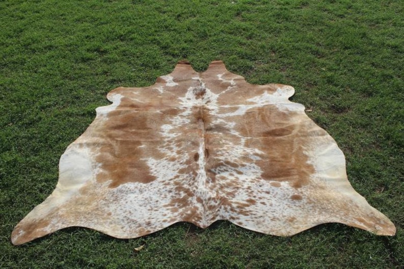 May include: A brown and white cowhide rug with a natural pattern. The rug is laid out on a green grassy surface.