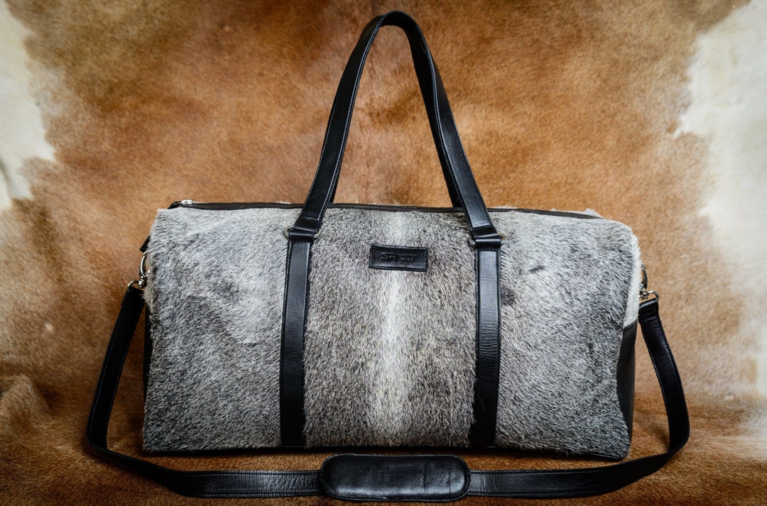 Gray Cowhide Leather Duffel Bag Large Travel Bag Cow Hide Etsy
