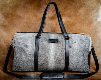 Gris Cowhide cuero Duffel bolsa grande bolsa de viaje vaca cuero de fin de semana / pernocta bolsa de cuero genuino bolsa