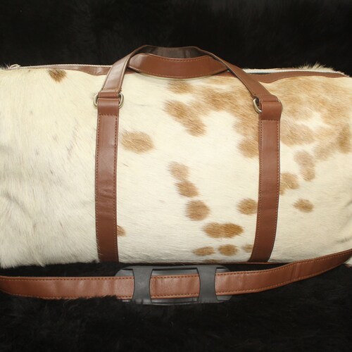 Cowhide Leather Duffel Bag shops Large Travel Bag Cow Hide Weekend/Overnight Bag in Brown & White