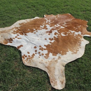 May include: A brown and white cowhide rug with a natural, spotted pattern. The rug is laid out on a green grassy surface.