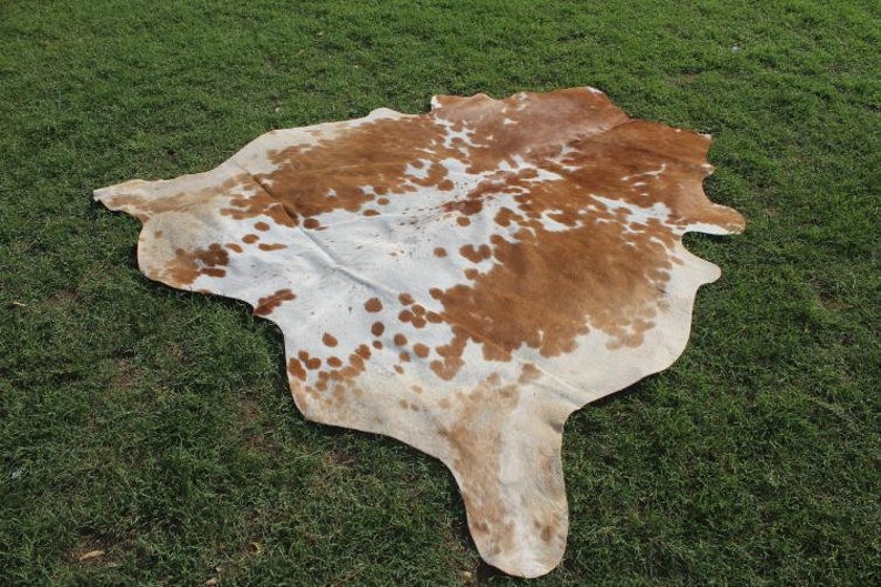 May include: A brown and white cowhide rug with a natural, spotted pattern. The rug is laid out on a green grassy surface.