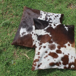 May include: Two brown and white cowhide throw pillows with a spotted pattern.