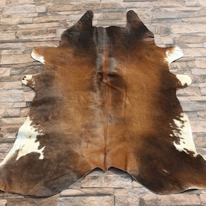 May include: A brown and white cowhide rug with a natural, rustic look. The hide has a variety of brown shades and white markings.