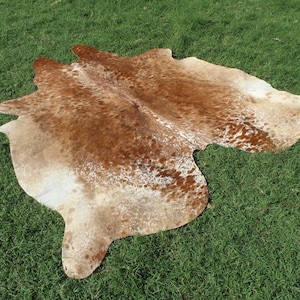 Puede incluir: Una alfombra de piel de vaca marrón y blanca con un patrón de manchas. La alfombra está colocada sobre una superficie de hierba verde.