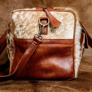 Leather Duffel Bag, Cowhide Weekender Bag, Large Travel Bag, Overnight Bag, Brown White Carry On Luggage image 8