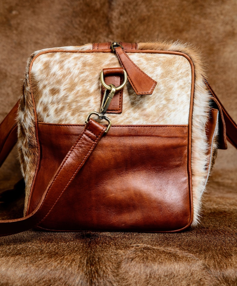 Leather Duffel Bag, Cowhide Weekender Bag, Large Travel Bag, Overnight Bag, Brown White Carry On Luggage image 8