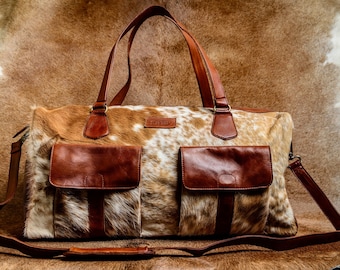 Bolso de lona de cuero genuino Bolso de viaje grande Bolso de fin de semana de piel de vaca Bolso de noche Bolso de lona marrón y blanco con múltiples bolsillos