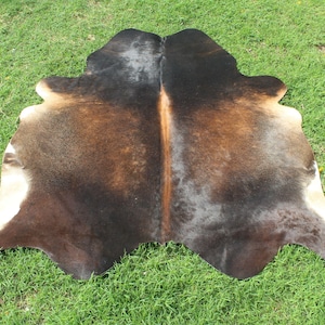 May include: A brown and white cowhide rug with a natural, mottled pattern. The rug is laid out on a green grassy surface.