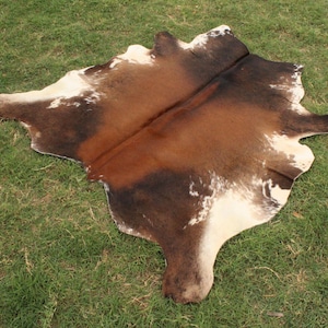 Op de afbeelding: Een bruin en wit koeienhuidkleed met een natuurlijke, rustieke uitstraling. De huid heeft een mix van bruine en witte vlekken, waardoor een uniek patroon ontstaat.
