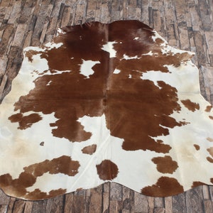 Può includere: Un tappeto in pelle di mucca marrone e bianco con una forma naturale irregolare. Il tappeto ha una texture morbida e soffice ed è perfetto per aggiungere un tocco di fascino rustico a qualsiasi stanza.