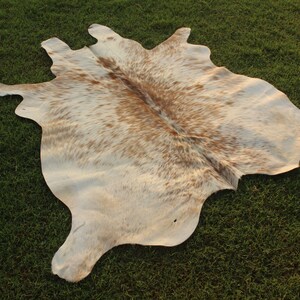 May include: A white and brown cowhide rug with a natural, spotted pattern. The rug is laid out on a green grassy surface.