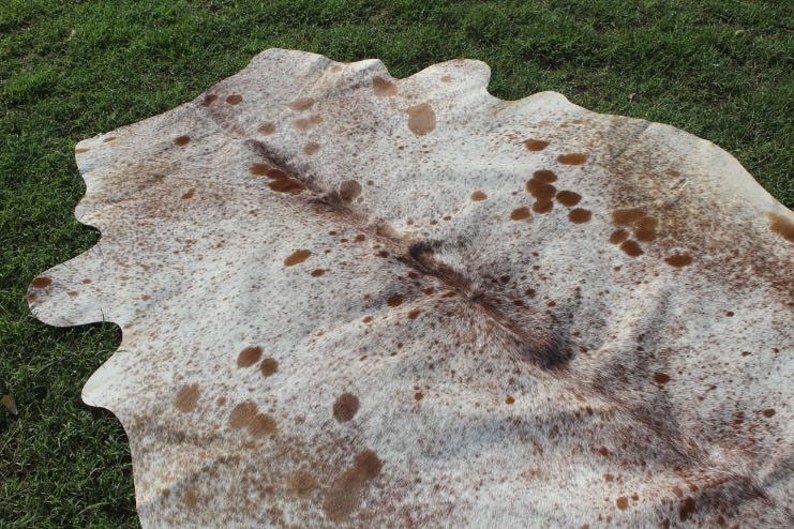 May include: A white cowhide rug with brown spots and a darker brown patch in the center. The rug is laid out on a green grassy surface.