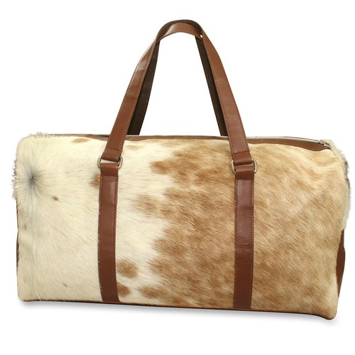 Cowhide Leather Duffel Bag shops Large Travel Bag Cow Hide Weekend/Overnight Bag in Brown & White