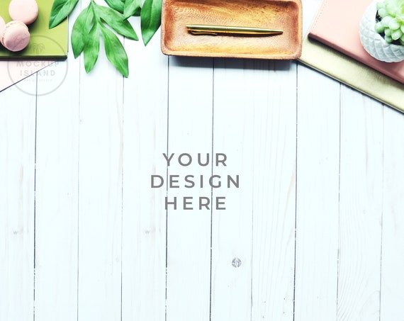 Wood Pink Greenery On Wood Background Styled Stock