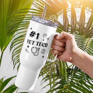 Travel Mug "#1 Vet Tech" Tumbler with Handle – Veterinary Technician Gift, Coffee Cup, Durable Mug, Perfect Vet Tech Appreciation Gift