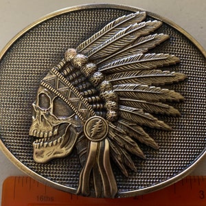 Indian Feathers BRASS Skull Grateful Dead Lightning Bolt Belt Buckle