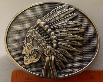 Indian Feathers BRASS Skull Grateful Dead Lightning Bolt Belt Buckle