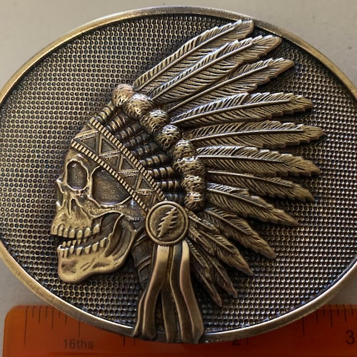 Indian Feathers BRASS Skull Grateful Dead Lightning Bolt Belt Buckle