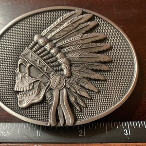 Indian Feathers SILVER Solid Metal Skull Grateful Dead Lightning Bolt Belt Buckle