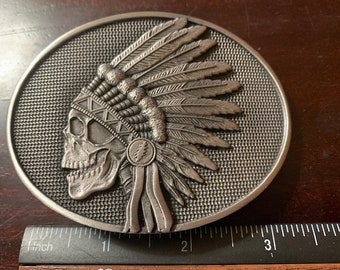 Indian Feathers SILVER Solid Metal Skull Grateful Dead Lightning Bolt Belt Buckle