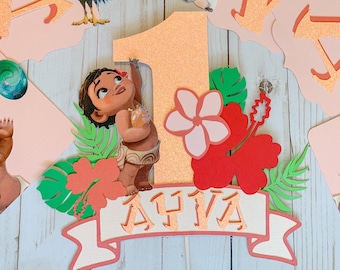 Baby Moana Inspired Personalized Cake Topper, Tropical Theme, Floral, Polynesian