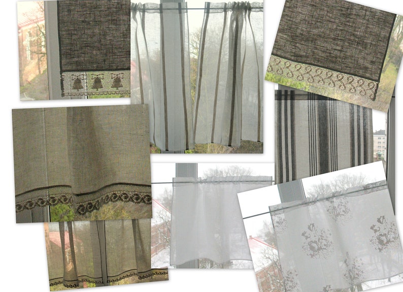 Short Curtains set Grey Linen Curtains Pointed Cafe Gardine Gardiner rideaux テ Cafe Curtains set, Gray Kitchen Curtains, Lace Curtains image 3