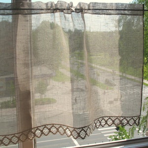 Short Curtains set Grey Linen Curtains Pointed Cafe Gardine Gardiner rideaux テ Cafe Curtains set, Gray Kitchen Curtains, Lace Curtains image 1