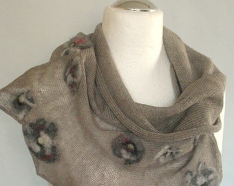 Linen Scarf Grey Loop Scarf Cowl Wrap with Felted