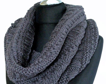 Infinity Scarf Cowl Wrap Dark Gray Hand Knit
