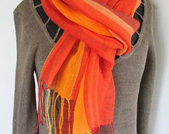 Linen Scarf Scarf Yellow Orange Red Burgundy Stri...