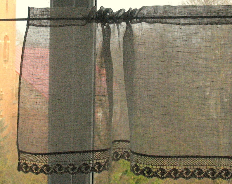 Short Curtains set Grey Linen Curtains Pointed Cafe Gardine Gardiner rideaux テ Cafe Curtains set, Gray Kitchen Curtains, Lace Curtains image 1