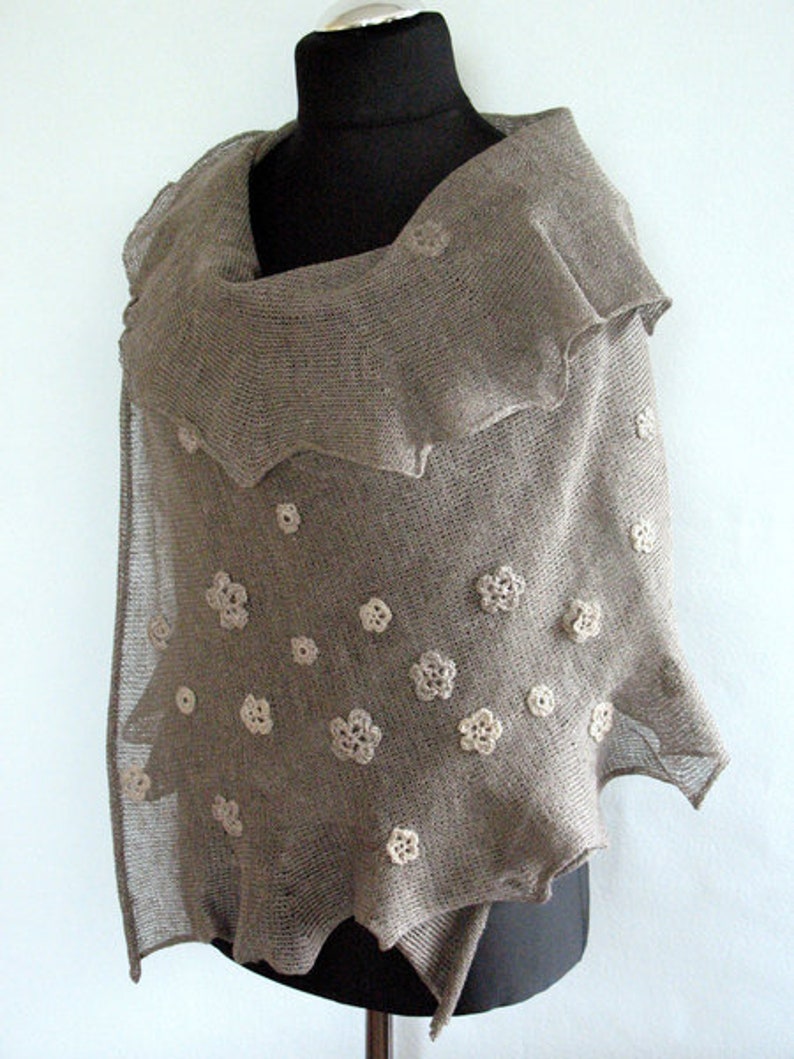 Linen Scarf Natural Gray Shawl Wrap Stole with ... image 1