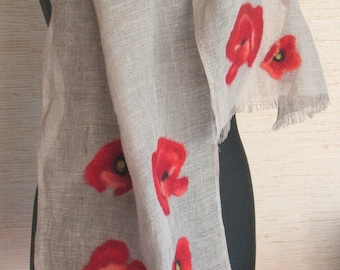 Linen Scarf Felt Wool Nature Grey Red Poppy