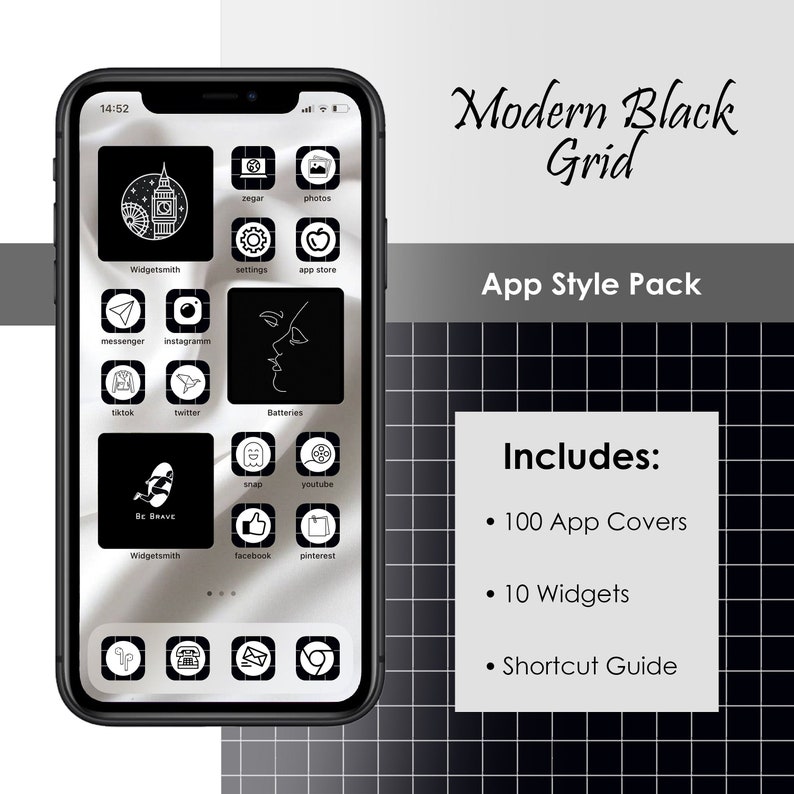 Modern Icon Theme Pack for iPhone IOS 14 App Covers Black, White, Grid