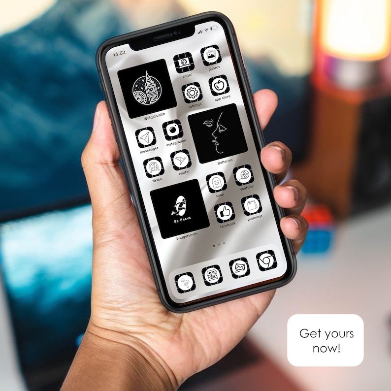 Modern Icon Theme Pack for iPhone IOS 14 App Covers Black, White, Grid