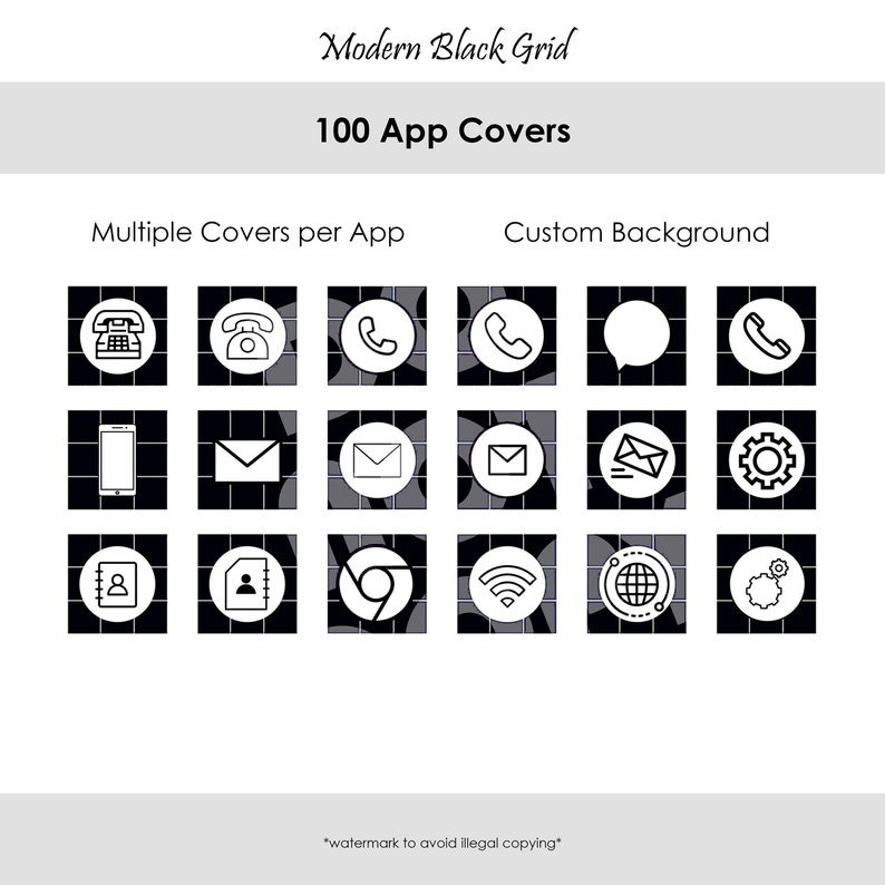 Modern Icon Theme Pack for iPhone IOS 14 App Covers Black, White, Grid