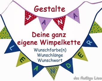 May include: A colourful fabric banner with the word "JANA" spelled out in individual flags. The flags are decorated with stars and the letters are in a blue font. The banner is hanging from a white background with the text "Gestalte deine ganz eigene Wimpelkette" and "Wunschfarbe(n) Wunschlänge Wunschwort" below the banner.