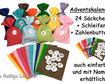 24 bunte Adventskalendersäckchen mit Zahlenbuttons