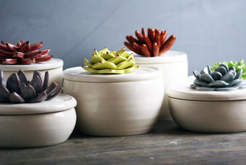 Custom Ceramic Bowls with Cactus Lids Handmade Sugar Bowls, Trinket Boxes, and Jewelry Boxes image 1