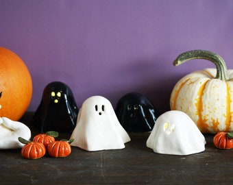 Handmade Ceramic Ghost Tea Light Holder Set: Halloween Decor