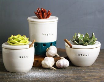 Handmade Ceramic Cactus Kitchen Set: Sugar Bowl, Salt Bowl, and Garlic Keeper