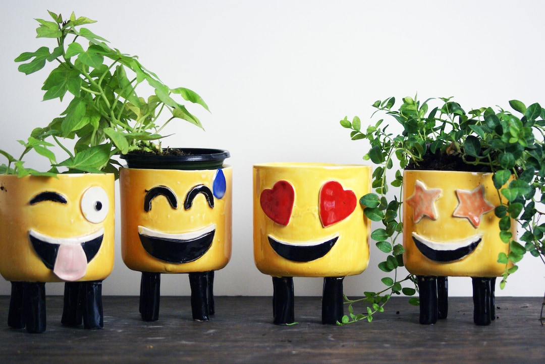 Emoji Ceramic Planters Handmade Unique Silly Plant Pots, Smiley